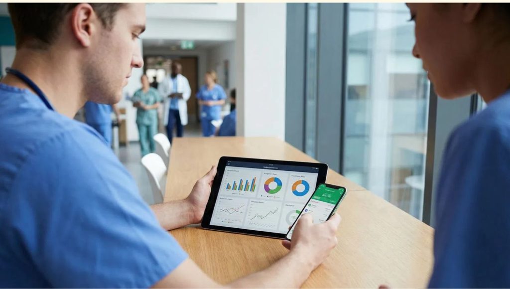 healthcare worker on multiple devices, denials and insurance